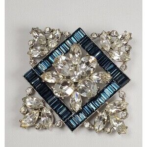 1960’s Signed Wiesner MCM Blue Crystal Baguette Clear Rhinestone Stones Brooch